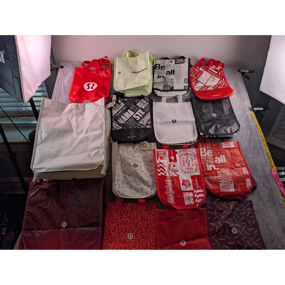 Lululemon Reusable Shopping Tote Bag Lot 15 Count Mixed Sizes Colors Graphics